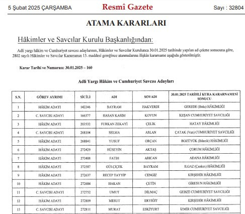 Hakim ve savcı atamaları tam liste Resmi Gazete'de yayımlandı