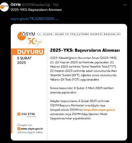 ÖSYM duyurdu: 2025-YKS başvuruları başladı