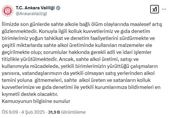 Ankara Valiliği duyurdu: Ankara'da sahte içkiden 33 kişi vefat etti!