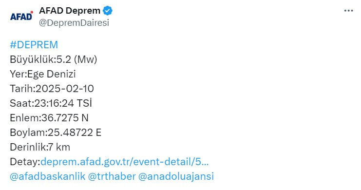 Ege Denizi'nde 5,2'lik deprem! Türkiye kıyıları sallandı!