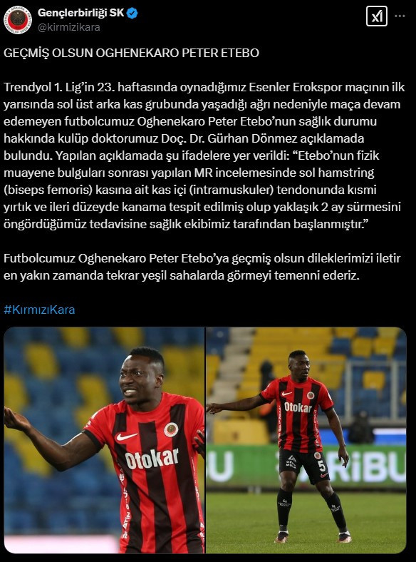 Gençlerbirliği, Etebo'nun sakatlandığını duyurdu: Yaklaşık 2 ay yok!