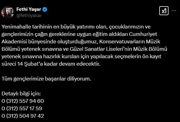 Yenimahalle Belediyesi Cumhuriyet Akademisinde müzik eğitimi için ön kayıt süreci devam ediyor