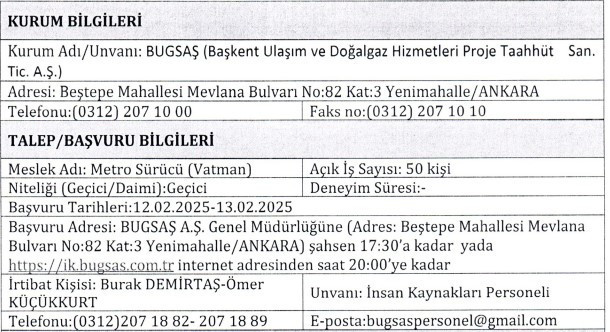 BUGSAŞ 50 vatman alımı yapacak: Başvurular 13 Şubat’ta son