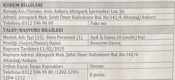 Başkentliler başvuru için acele edin: 16 işçi alımı yapılacak