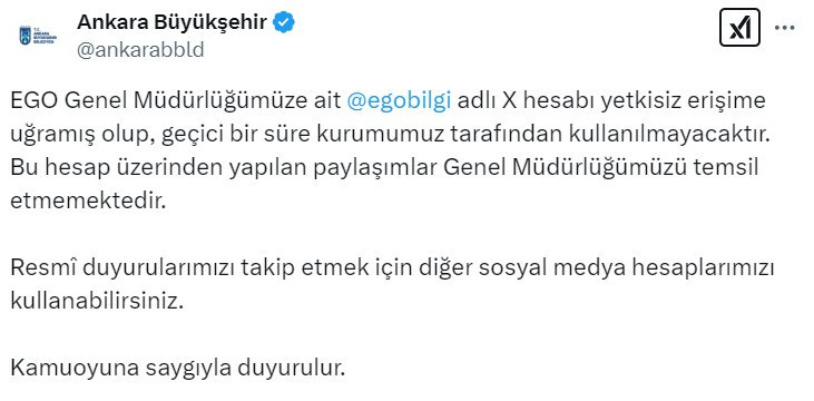 EGO Genel Müdürlüğü'nün X hesabına yetkisiz erişim yapıldı