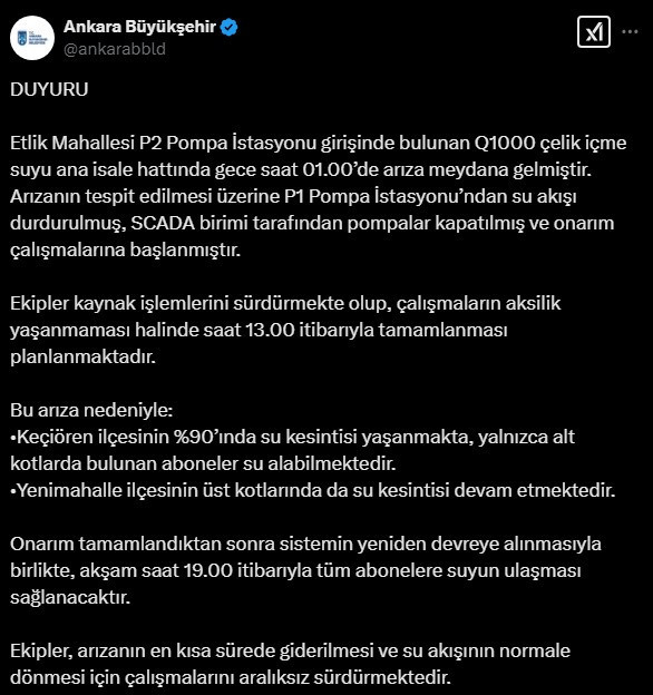 ABB'den Keçiören ve Yenimahalle'yi etkileyen su kesintisi hakkında açıklama geldi!