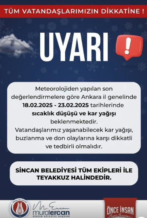 Sincan Belediyesi beklenen kar yağışına karşı teyakkuz durumuna geçti