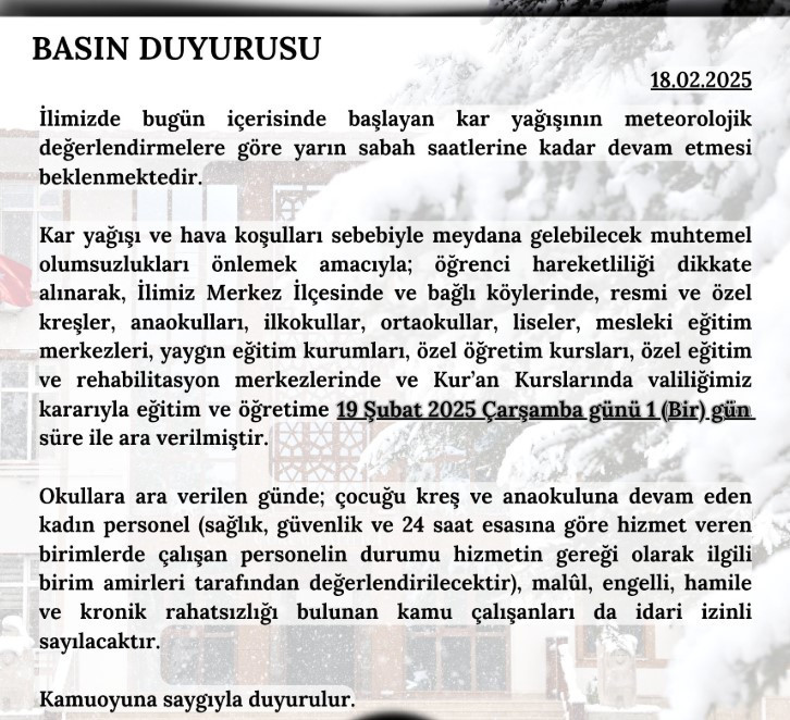 19 Şubat kar tatili olan iller! Kar yağışı bugün okullar tatil mi son dakika?