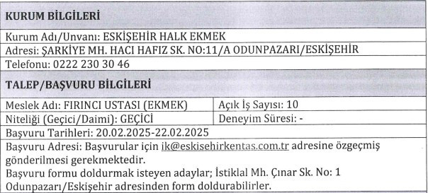 O ilde Halk Ekmek bünyesine geçici işçiler alınacak: 22-40 yaş arası