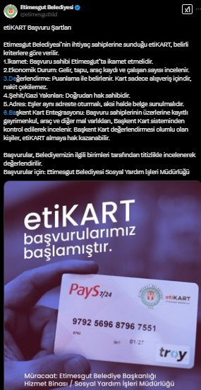 Etimesgut Belediyesi’nden etiKART başvuru duyurusu!