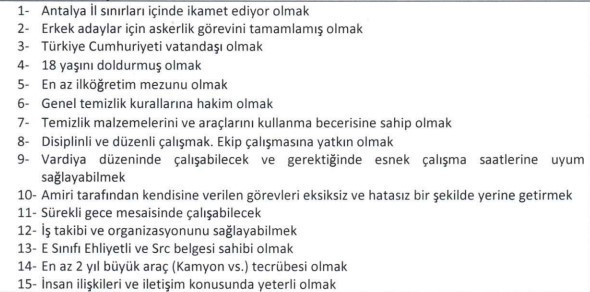 Kamyon sürücüsü, temizlik görevlisi ve güvenlik alınacak: Belge istenmiyor