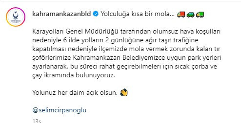 Kahramankazan Belediyesi tır şoförlerine çorba ve çay ikramında bulundu