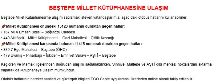 EGO'dan Beştepe Millet Kütüphanesi’ne kolay ulaşım imkanı! Otobüs tam önünde indirecek