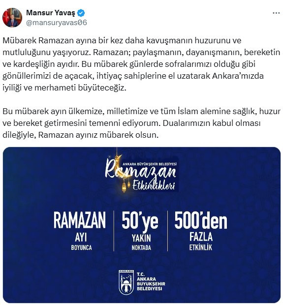 Mansur Yavaş'tan Ramazan mesajı: İyiliği ve merhameti büyüteceğiz!