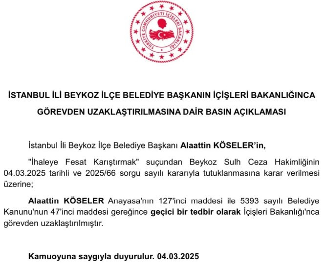 Beykoz Belediye Başkanı Köseler görevden uzaklaştırıldı