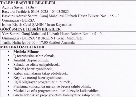 BURFAŞ ve BURKENT personel alımı yapacak: 18-40 yaş arası