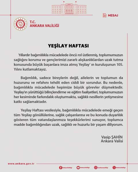 Ankara Valisi Vasip Şahin'den Yeşilay Haftası mesajı