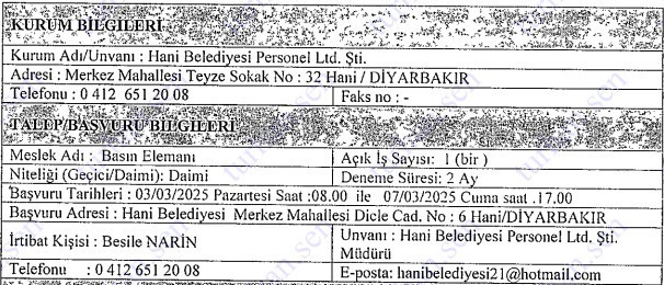 Belediyeye iletişim fakültesi mezunu basın elemanı alınacak