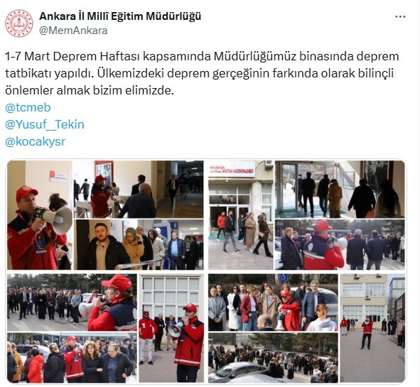 Ankara İl Milli Eğitim Müdürlüğü'nde deprem tatbikatı!