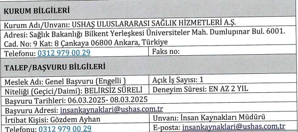 Başkentteki kamu kurumu yönetici asistanı ve engelli personel alıyor - Resim : 2