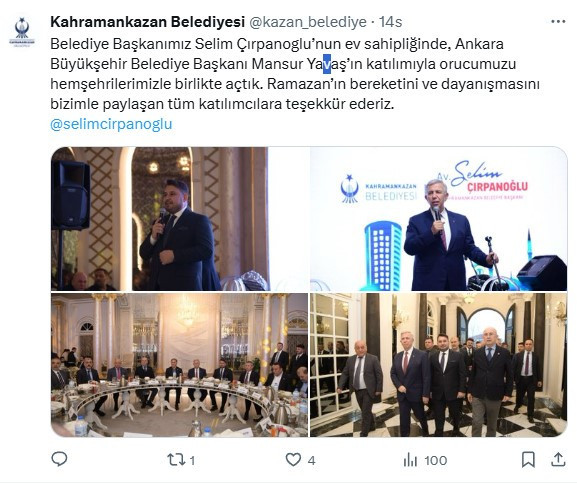 Kahramankazan Belediyesi'nin iftar daveti Başkan Yavaş ile Çırpanoğlu'nu buluşturdu