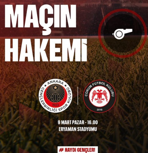 Gençlerbirliği - Ahlatcı Çorum FK maçının hakemi belli oldu