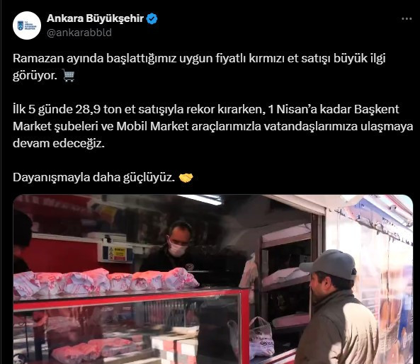 Ankara Büyükşehir Belediyesi 5 günde 29 ton uygun fiyatlı et sattı