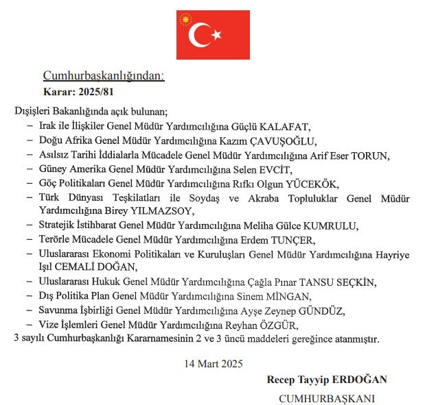 Cumhurbaşkanı Erdoğan'dan 15 Mart tarihli yeni atama kararları