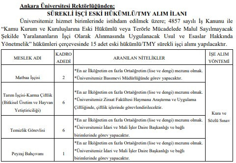 Ankara Üniversitesi KPSS'siz sürekli işçi alım ilanı yayımladı