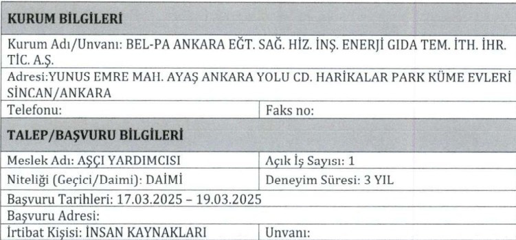 Bel-Pa Ankara mühendis ve aşçı yardımcısı alacak: Başvurular mail üzerinden