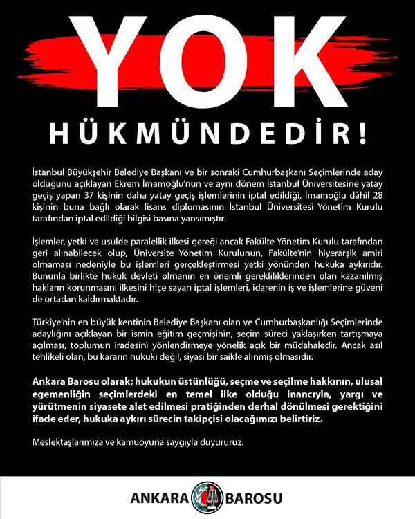 Ankara Barosu'ndan İmamoğlu kararı açıklaması: Yok hükmündedir!