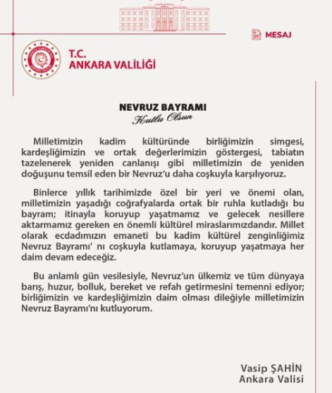 Ankara valisi Şahin'den Nevruz Bayramı için kutlama mesajı