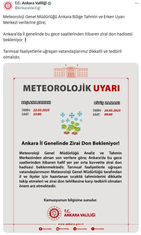 Valilikten başkentlilere zirai don uyarısı: Bu gece başlıyor