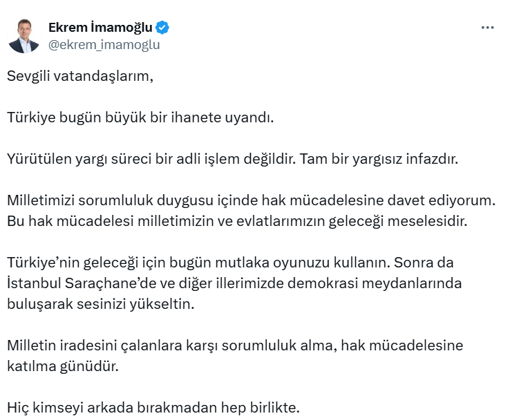 Ekrem İmamoğlu’ndan demokrasi çağrısı: Oyunuzu kullanın