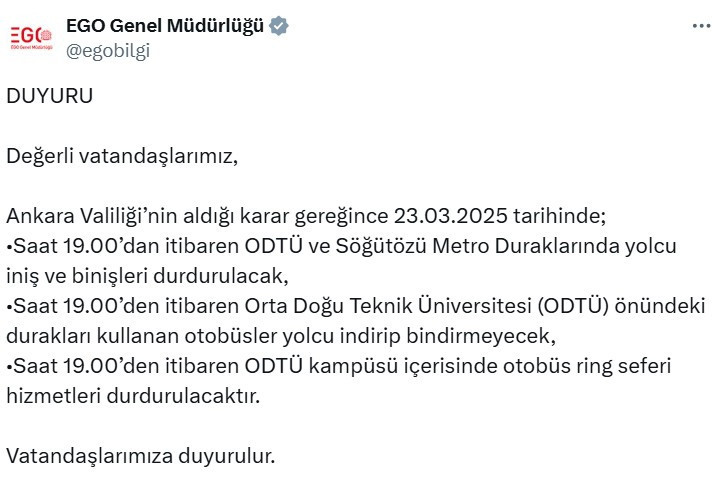 EGO'dan açıklama: Bazı metro ve otobüs durakları kapatıldı!