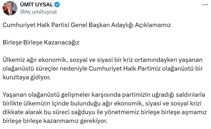 CHP Genel Başkanlığı için adaylığını açıkladı!