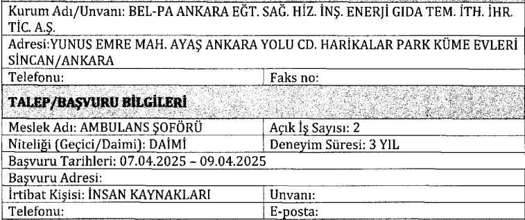 Ankara'da ambulans şoförü ve garson alımı: Başvurular Bel-Pa Ankara'ya yapılacak