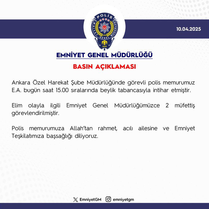 Ankara'da görevli polis memuru beylik tabancasıyla intihar etti