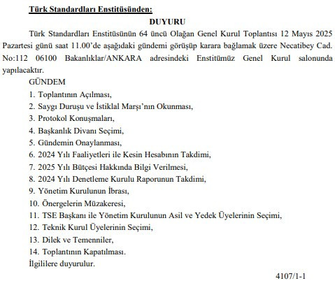 TSE'nin 64.  Olağan Genel Kurulu Ankara'da yapılacak