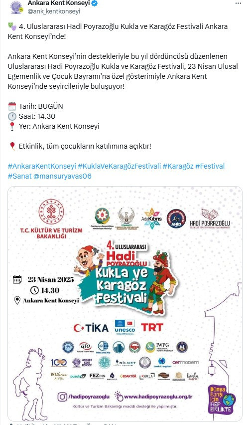 Ankara Kent Konseyi'nden 23 Nisan'a özel Kukla ve Karagöz Festivali etkinliği duyurusu