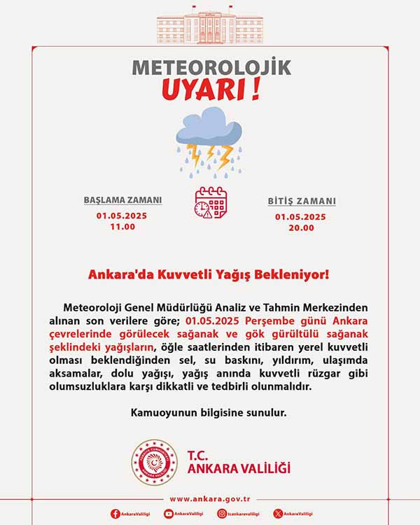 Ankara Valiliği'nden 1 Mayıs için kuvvetli sağanak yağış uyarısı yapıldı