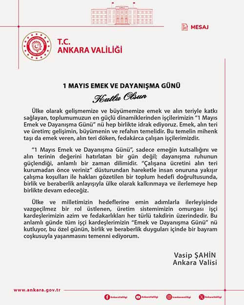 Vali Vasip Şahin'den 1 Mayıs Emek ve Dayanışma Günü mesajı