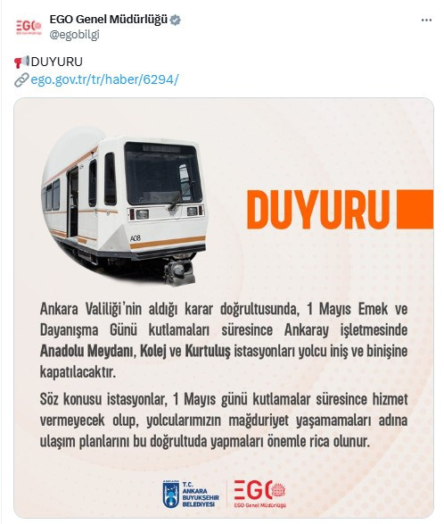 EGO duyurdu: 3 metro istasyonu 1 Mayıs'ta geçici kapatılacak