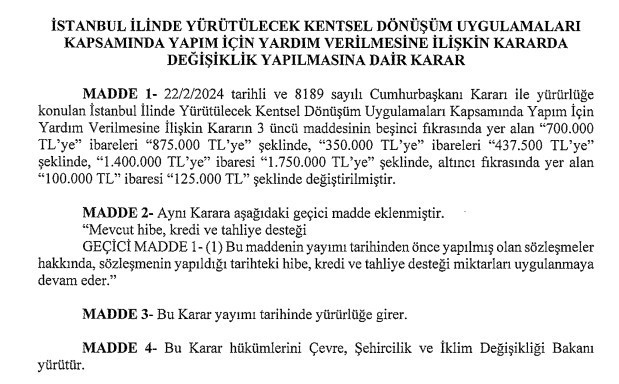 Kentsel dönüşüm yardımlarında yeni tutarlar Resmi Gazete'de yayımlandı