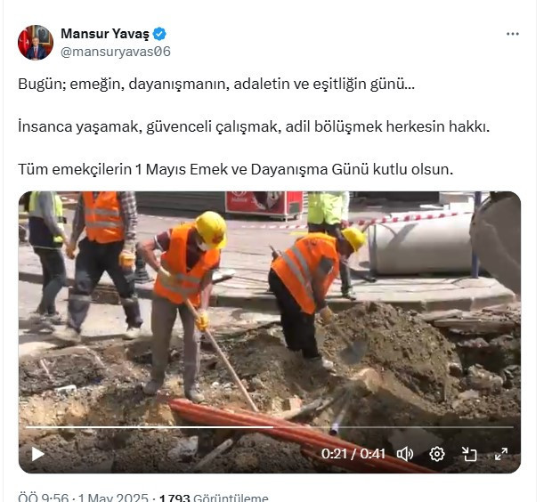 Mansur Yavaş'tan 1 Mayıs mesajı: Adil bölüşmek herkesin hakkı
