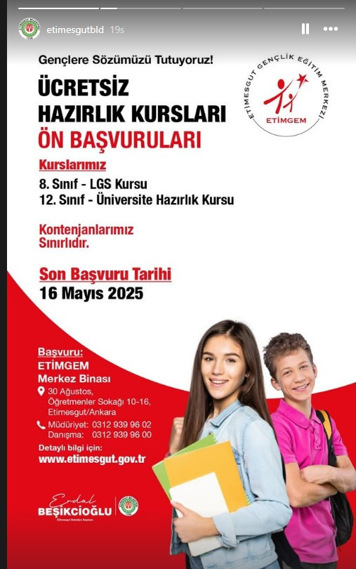 Etimesgut Belediyesi Lise ve Üniversite Hazırlık Kursu başvuruları 16 Mayıs'ta bitiyor
