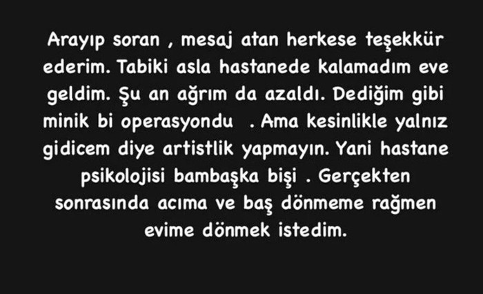 Ameliyat olduğunu duyuran Zeynep Koçak: Hemen eve geldim
