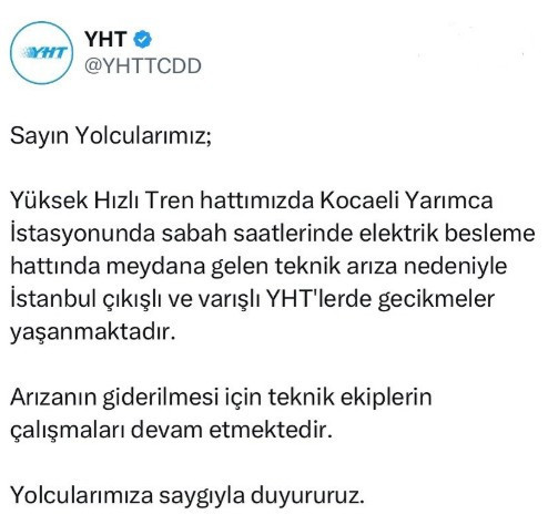 İstanbul Ankara arasında sefer yapan hızlı tren elektrik arızası sebebiyle yolda kaldı