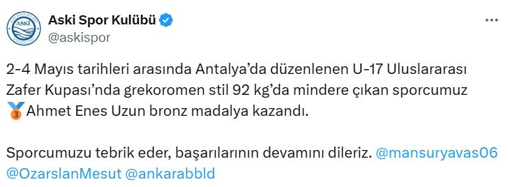 ASKİ Spor'un genç güreşçisi uluslararası turnuvada madalya kazandı