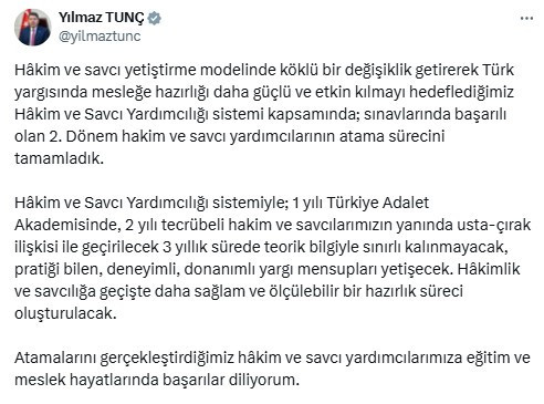 Bakan Tunç: İkinci dönem hakim ve savcı yardımcılarının atamaları tamamlandı